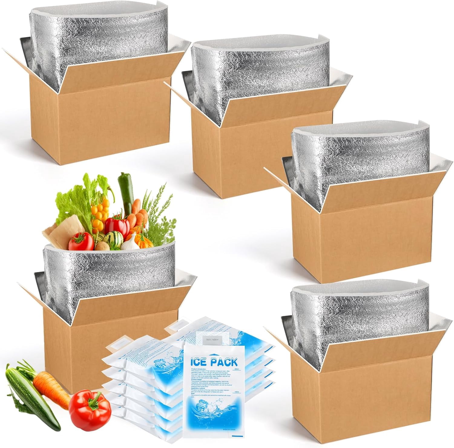 4 Pcs Thermal Insulated Shipping Boxes for Frozen Food with Ice Pack and Aluminum Foil Liner for Shipping Big Cold Pack Cooler Mailing Boxes for Moving Hot Frozen Food