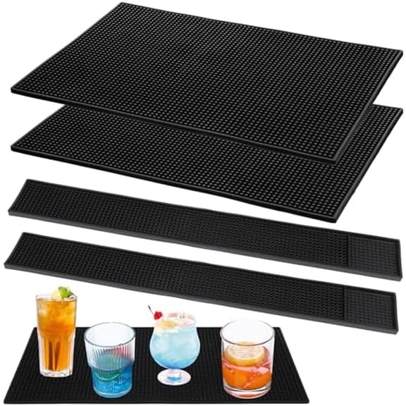 4 Pcs Thick PVC Bar Mats for Bartending, Coffee Bar Mats, Durable Non-Slip Spill Mat for Countertop, Home Kitchen, Coffee Bars, and Restaurants Accessories, Black(18 x 12 Inch, 24 x 3 Inch)