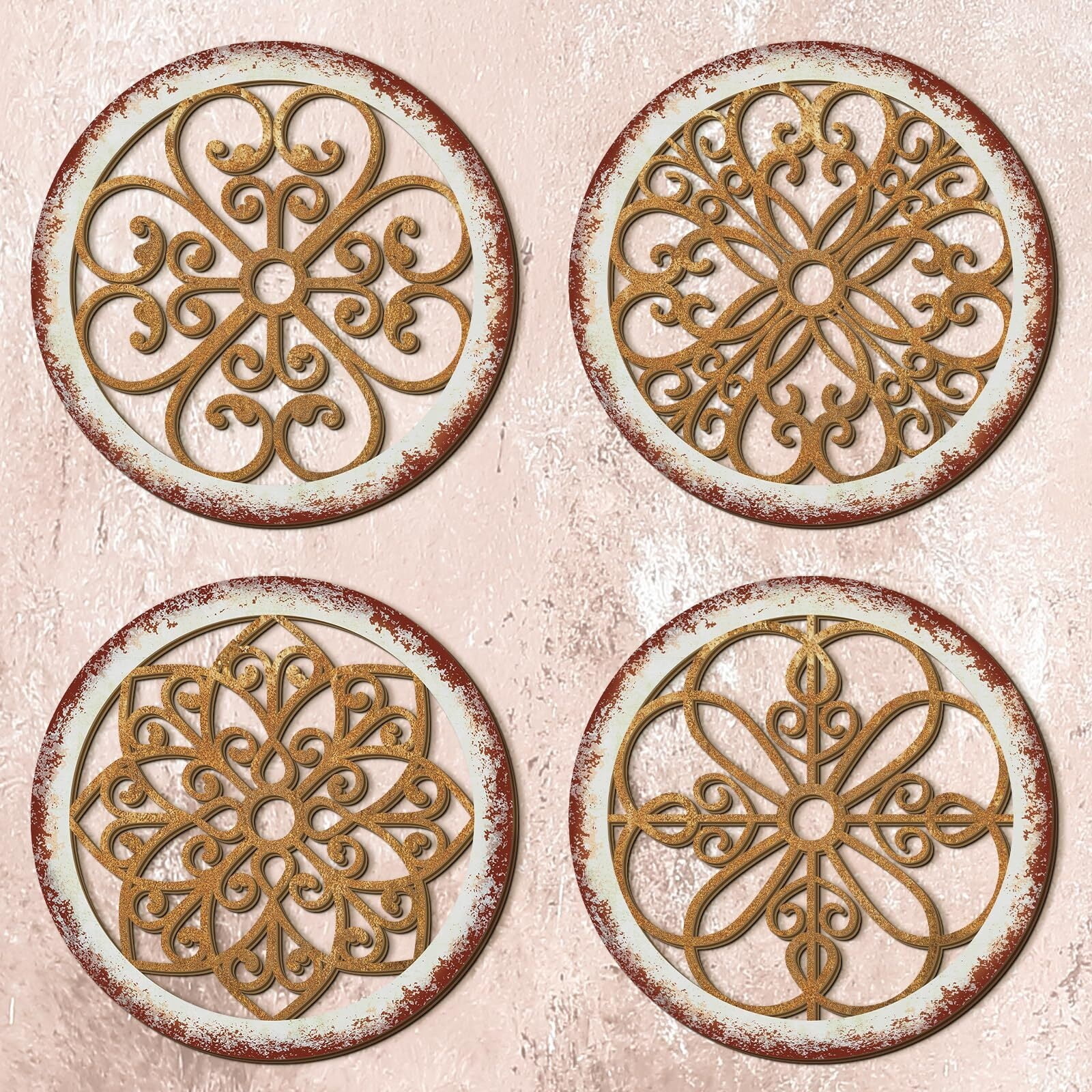4-Piece Rustic Wooden Wall Art Set – Hollow Carved Round Designs, 16x16 Inch, Farmhouse Decor For Living Room, Bedroom, Kitchen - View #2