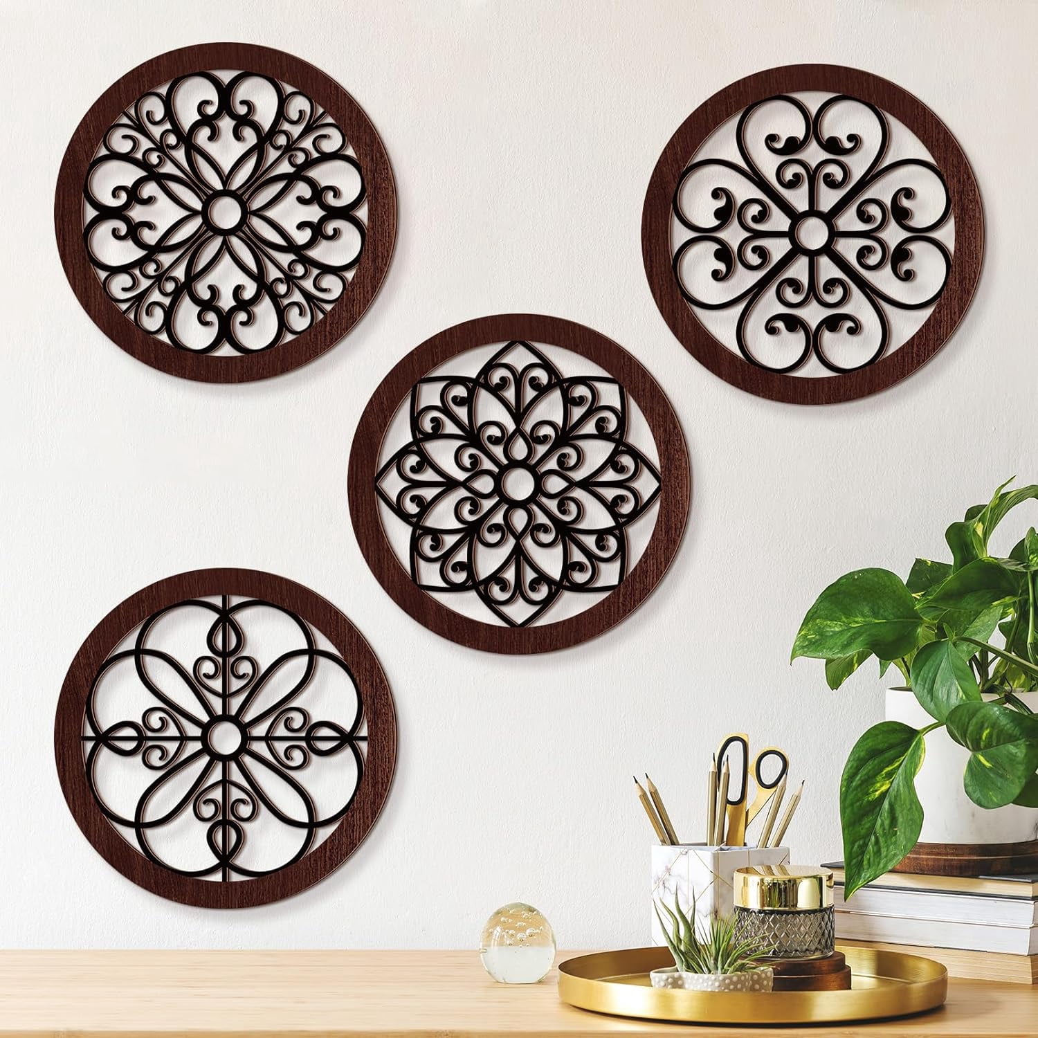 4 Pcs Thicken Rustic Wall Decor Farmhouse Kitchen Wall Round Art Wooden ...