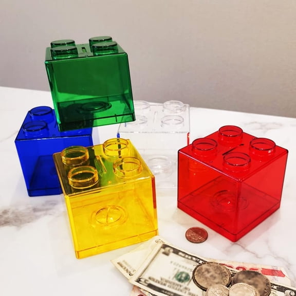 4 Pcs Translucent Piggy Bank Set, Colorful Coin Block Box, Dream Saver Piggy Bank for Kids, Unique Educational Game, Brick Design with Durable Colourful Transparent Acrylic