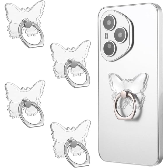 4 Pcs Transparent Butterfly Phone Ring Holder, Self-Adhesive Butterfly Transparent Phone Ring Holder Grip 180Flip 360 Rotation Cellphone Rings for Various Mobilephone Tablets Cellphone