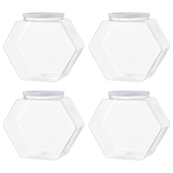 4 Pcs of Transparent Hexagonal Plastic Candy Storage Containers with Lids, 29.6 fl oz / 850 ml Large Capacity PET Storage Jars, Ideal for Candy Buffets and Kitchen Counter Decorative