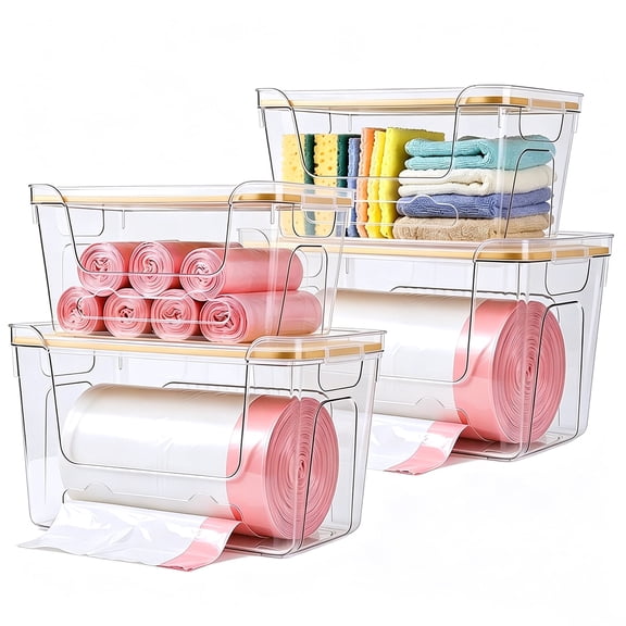 4 Pcs Garbage Bag Dispenser, TAIMASI Stackable Trash Bag Holder with Plastic Lid for 4-33 Gal Bags, Clear Organizer Bins for Under Sink Organization, Kitchen, Laundry, Pantry