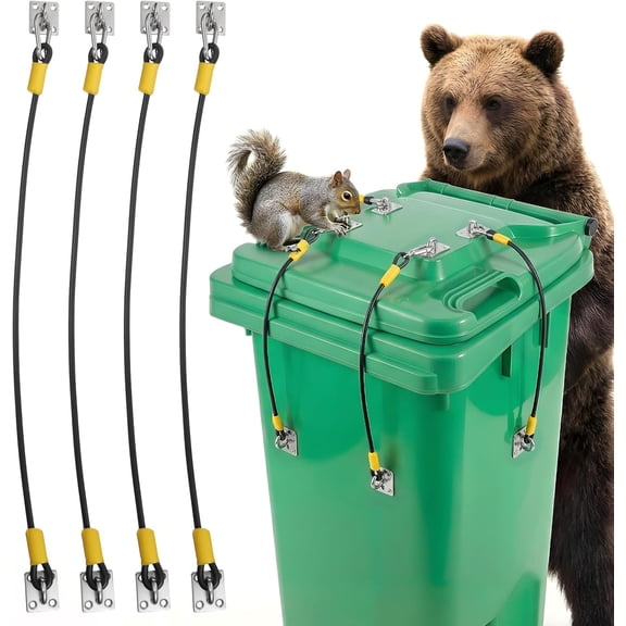 4 Pcs Trash Can Lid Lock for Animals, Bear Raccoon Squirrel Dog Proof Trash Can Lock, Universal Trash Bin Locks with Wire Ropes Stainless Steel Hasps for for Outdoor Garbage Cans(Yellow)