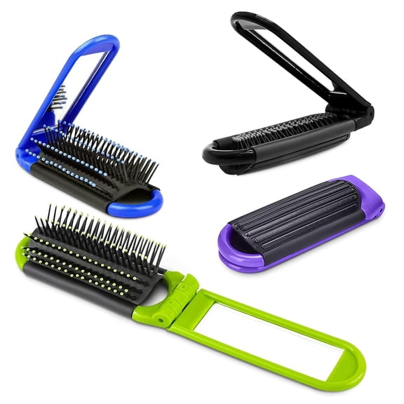 4 Pcs Travel Hair Brush - 4.25x1.49" Folding Hair Brush with Mirror and Flexible Nylon Bristles, Lightweight Travel Comb for Women - 4 Colors Pack, Foldable Hairbrush for Styling on the Go