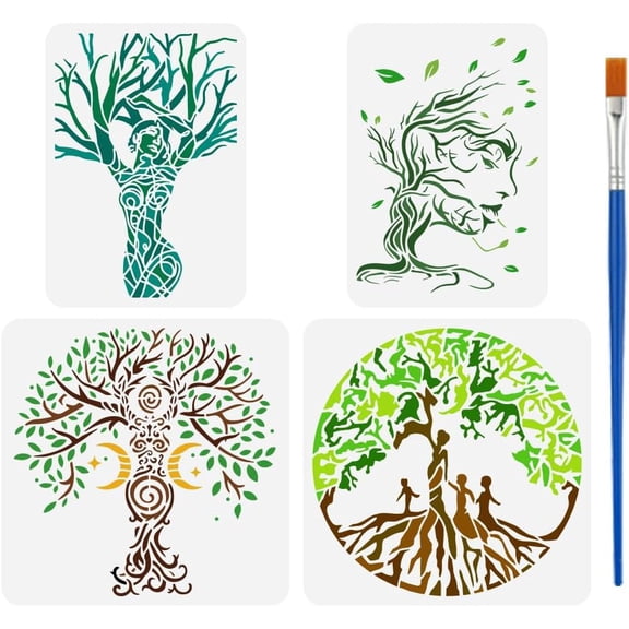4 Pcs Tree of Life Drawing Stencil with A Paint Brush 2 Size Goddess Tree Painting Template Human Shape Tree Moon Star Spiral Decor Stencil for Painting on Wood Wall Fabric Furniture