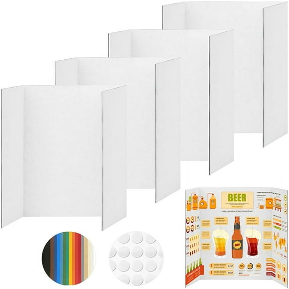 4 Pcs Trifold Poster Board, White Board Comes with Sticky Accessories, Corrugate Presentation Boards M