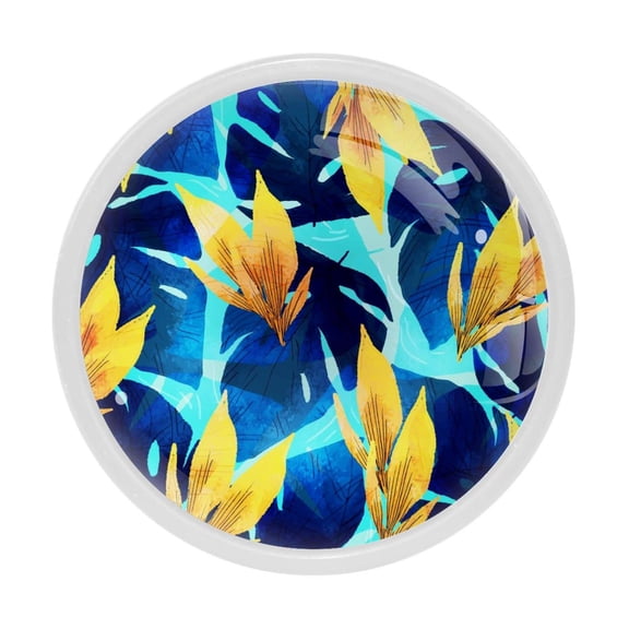4 Pcs Tropical Blue Leaf Knobs for Kitchen Cabinet Cupboard Dresser Bookcase Drawer Pulls Handles Round Home Decor