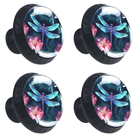 4 Pcs Tropical Dragonfly Flower Leave Print Cabinet Knobs 30mm Round Crystal Glass Drawer Handles Pulls with Screws for Kitchen Cupboard Wardrobe Closet Dresser, Home&Office