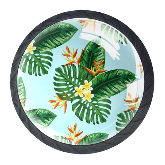 4 Pcs Tropical Green Leaf Knobs for Kitchen Cabinet Cupboard Dresser Bookcase Drawer Pulls Handles Round Home Decor