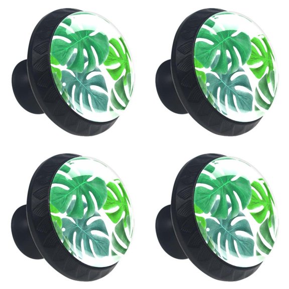 4 Pcs Tropical Green Leaves Knobs for Kitchen Cabinet Cupboard Dresser Bookcase Drawer Pulls Handles Round Home Decor