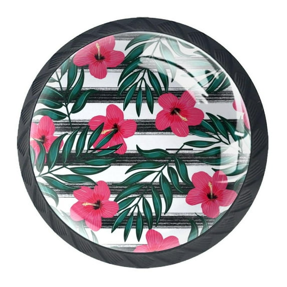 4 Pcs Tropical Leaves Red Flowers Black Stripes Knobs for Kitchen Cabinet Cupboard Dresser Bookcase Drawer Pulls Handles Round Home Decor