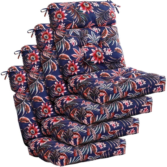 4 Pcs Tufted High Back Chair Cushion Indoor Outdoor Seat and Back Cushions Palm Leaves Tropical Plants Lawn Rocking Chair Pads with Ties for Adirondack Patio Garden(Bright Style)