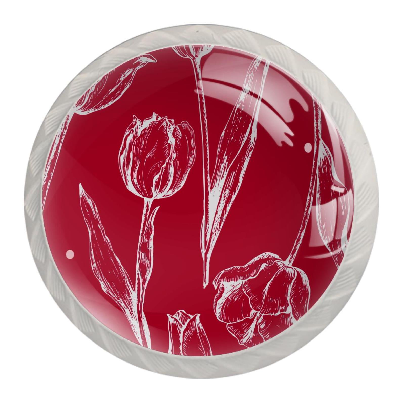 4 Pcs Tulips Red Knobs for Kitchen Cabinet Cupboard Dresser Bookcase Drawer Pulls Handles Round Home Decor