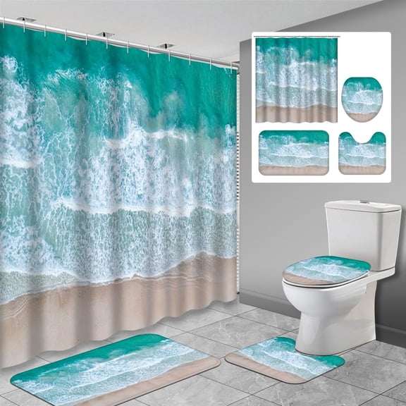 4 Pcs Turquoise and Grey Bathroom Shower Curtain Sets with Rugs, Abstract Art Modern Bathroom Sets with Shower Curtain and Rugs, Teal Gray Bathroom Decor Sets with Mats and Towels