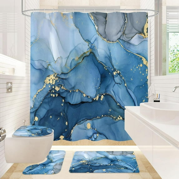 4 Pcs Turquoise Marble Shower Curtain Set with Non-Slip Rugs, Toilet Lid Cover and Bath Mat, Abstract Modern Art Bathroom Decor Set with Shower Curtain and Rugs and Accessories