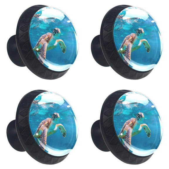 4 Pcs Turtle Swim in Sea Print Cabinet Knobs 30mm Round Crystal Glass Drawer Handles Pulls with Screws for Kitchen Cupboard Wardrobe Closet Dresser, Home&Office