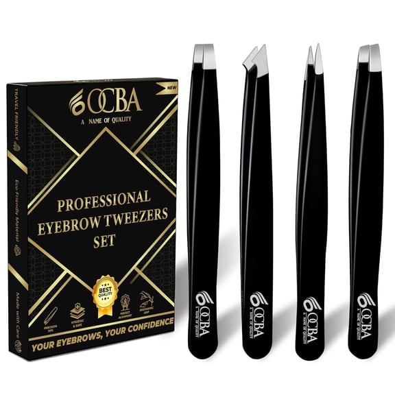 4 Pcs Tweezers for Facial Hair Women & Men for Precise Grooming of Eyebrows - Professional Stainless Steel Black Color Coated Eyebrow Tweezers for Ingrown Hair on Nose Ear