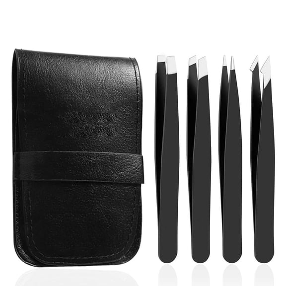 4 Pcs Tweezers Set - Professional Stainless Steel Tweezers for Eyebrows - Great Precision for Facial Hair, Splinter and Ingrown Hair Removal (Black)