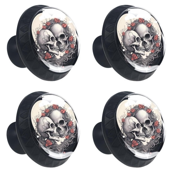4 Pcs Two Skull Head with Heart Print Cabinet Knobs 30mm Round Crystal Glass Drawer Handles Pulls with Screws for Kitchen Cupboard Wardrobe Closet Dresser, Home&Office