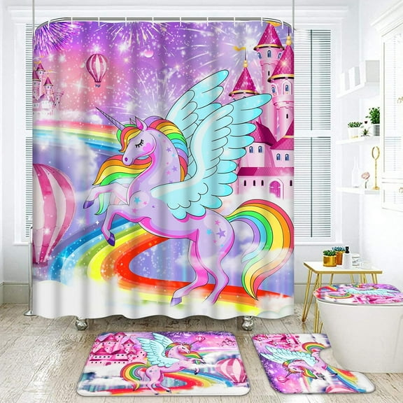 4 Pcs Unicorn Kids Shower Curtain Set with Memory Foam Bath Mat, Non-Slip Bathroom Rugs and Toilet Lid Cover, Waterproof Pink Rainbow Shower Curtain with Hooks, Girls Kids Bathroom Decor Sets