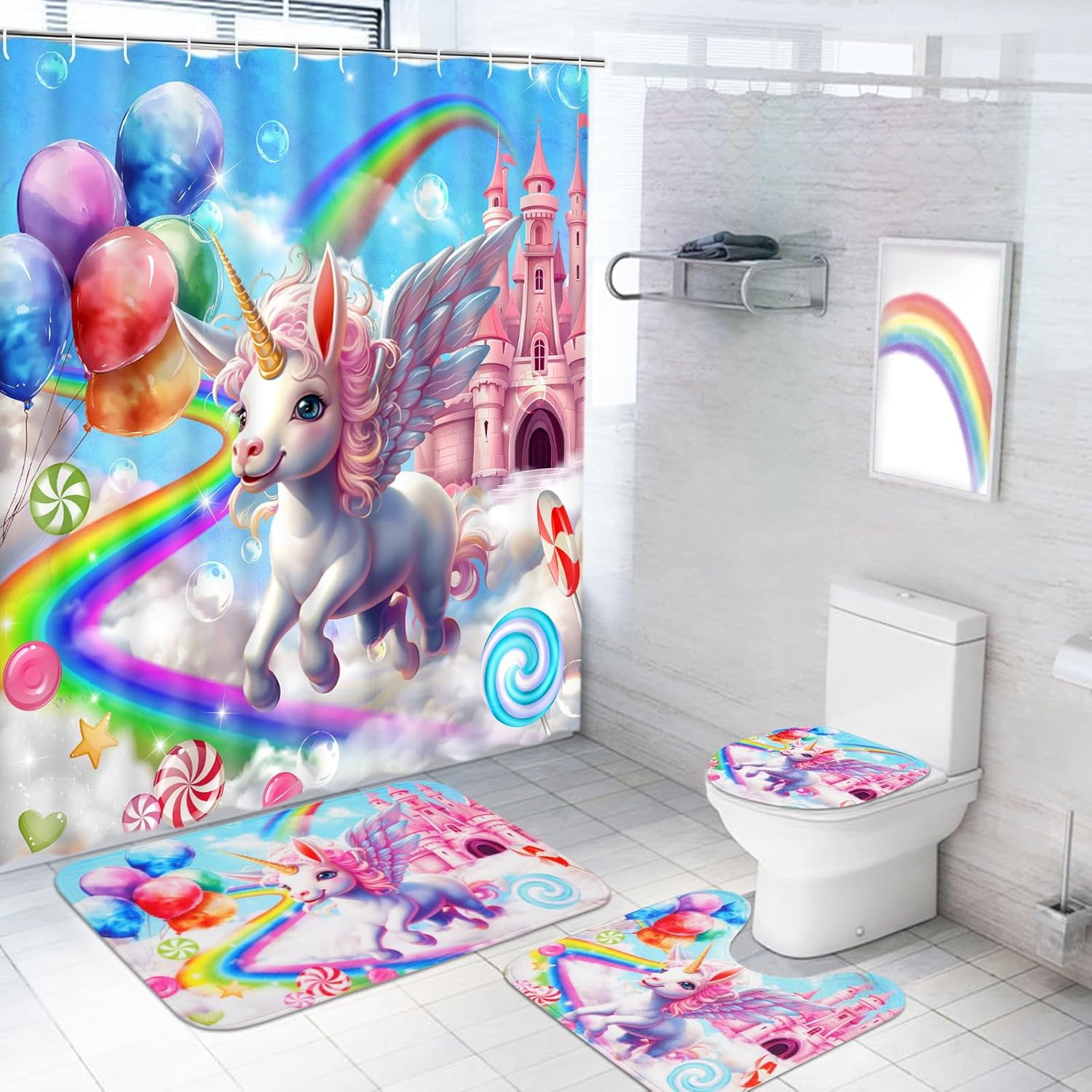 4 Pcs Unicorn Kids Shower Curtain Sets with Rugs, Toilet Lid Cover and