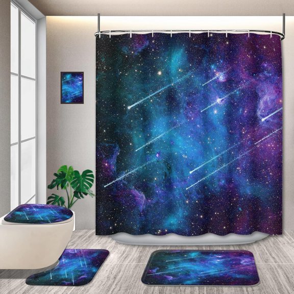 4 Pcs Universe Outer Space Meteor Theme Shower Curtain Set, Galaxy with Non-Slip Rugs Toilet Lid Cover Bath Mat, Bathtub Set Men Boys Trippy Nebula (Starry Sky), 72" x 72"in