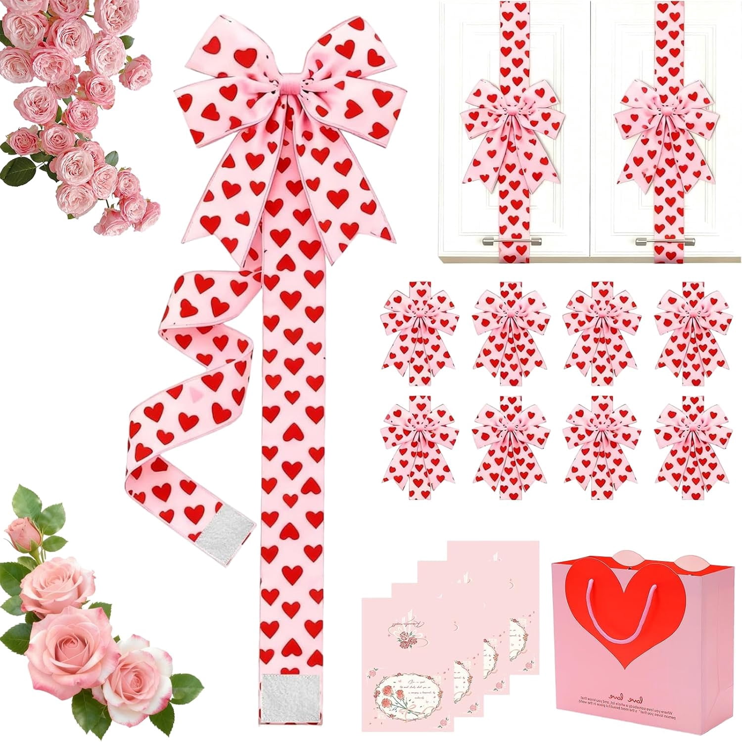 4 Pcs Valentines Cabinet Bows, Valentines Day Cabinet Decor, Red Hearts Door Bows Decorations for Window & Kitchen Decorations