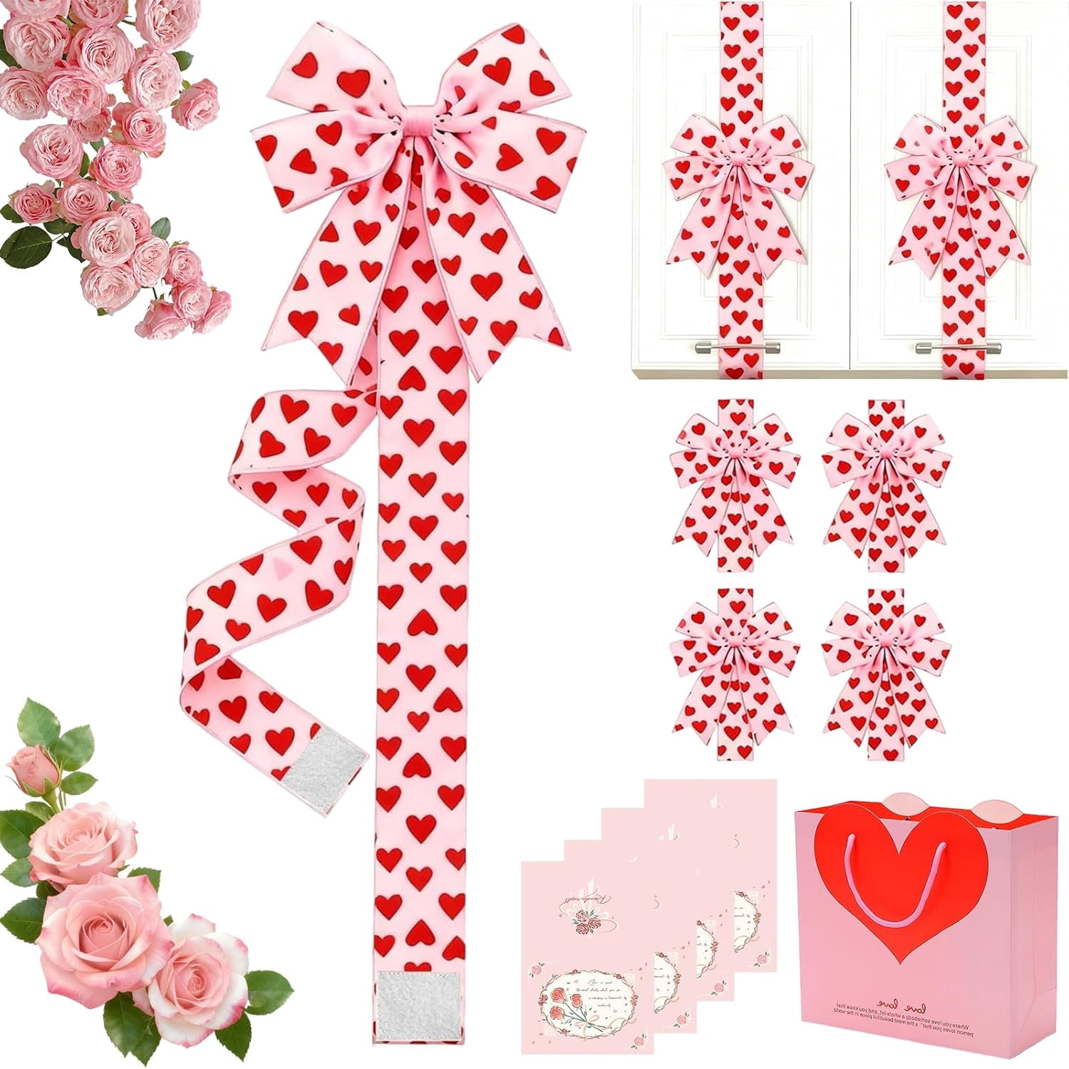 4 Pcs Valentines Cabinet Bows, Valentines Day Cabinet Decor, Red Hearts Door Bows Decorations for Window & Kitchen Decorations