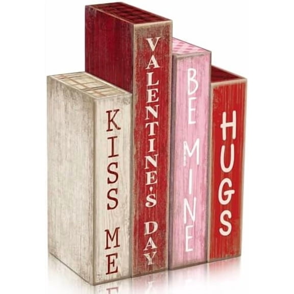 4 Pcs Valentines Day Decoration Wooden Book Valentine's Day Table Decoration Pink Red and White Valentines Tiered Tray Decor Wood Book Sign Farmhouse for Wedding Home Shelf Coffee Table