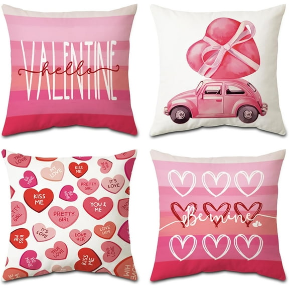 4 Pcs Valentines Day Pillow Covers 18x18, Pink Car Love Hearts Be Mine Valentines Day Decor, Holiday Pillow Covers Decorations for Couch Sofa Living Room (Pink)