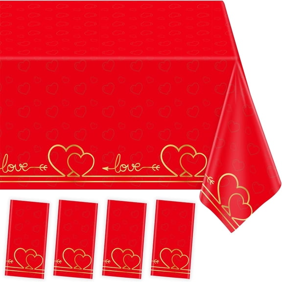 4 Pcs Valentines Day Tablecloth Engagement Table Cloth Red Heart Tablecloth Anniversary Plastic Table Cover Valentine's Day Party Supplies Valentines Day D r Wedding Party D rations 86 x 51 Inch
