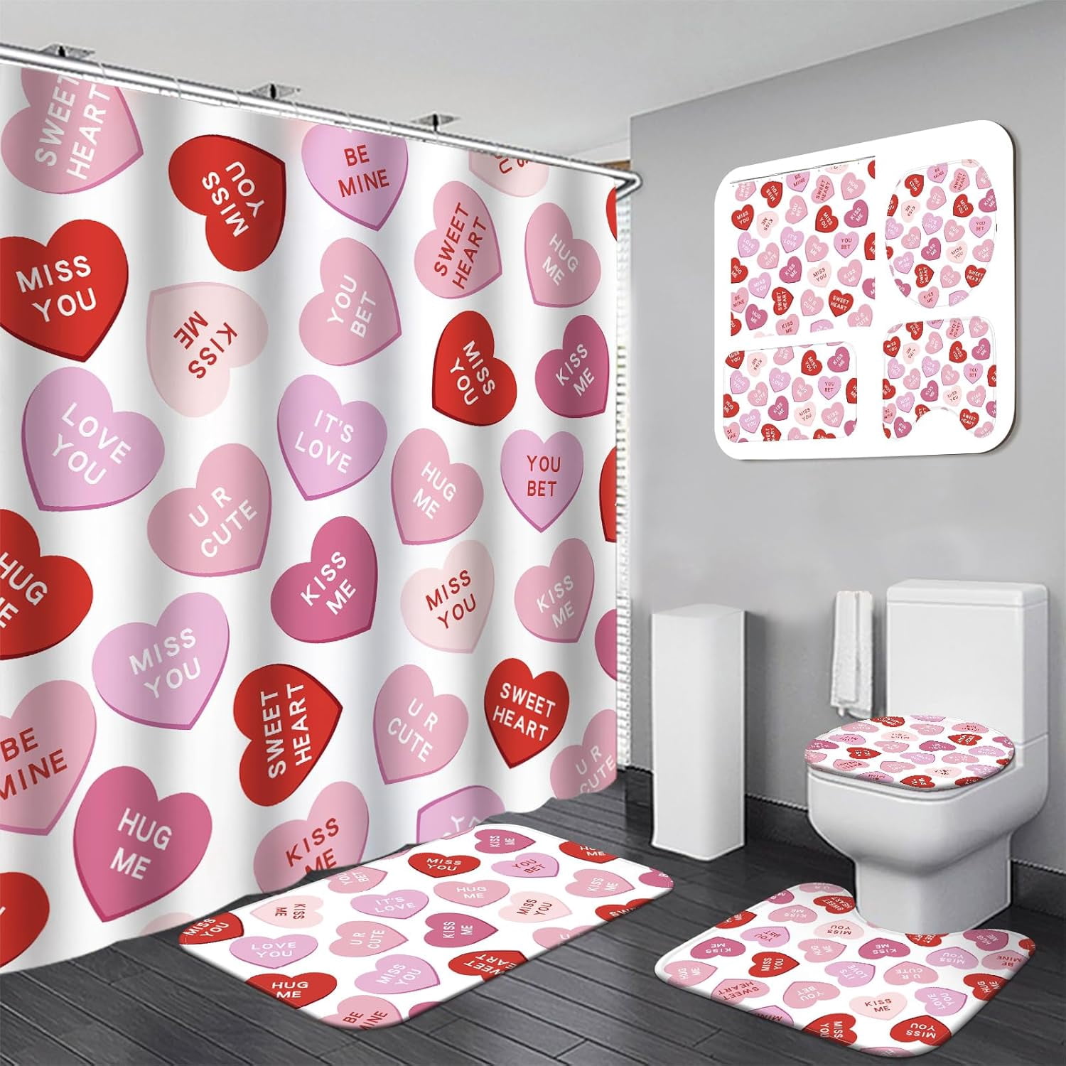 4 Pcs Valentines Shower Curtain Set, Non Slip Rugs Toilet Lid Cover U Shape Bath Mat and 12 Hooks Conversation Heart Pink Bathroom Supplies for Valentines Accessories Decor Set