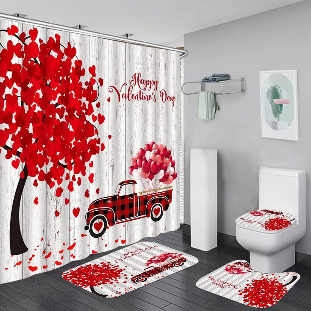 Valentine's Day Gnomes Shower Curtain - Heart & Romantic Design, 70x70 Inches Fabric Set With Hooks - View #7