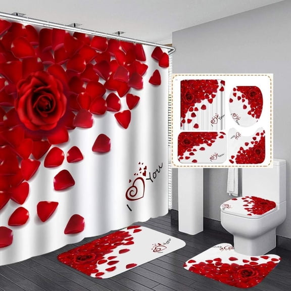 4 Pcs Valentines Shower Curtain Sets with Rugs, Non-Slip Rugs, Toilet Lid Cover, Bath Mat, 3D Romantic Red Rose Shower Curtain with 12 Hooks for Bathroom (Shower Curtain Sets A