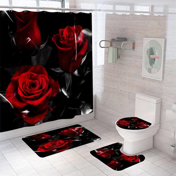 4 Pcs Valentines Shower Curtain Sets with Rugs, Non-Slip Rugs, Toilet Lid Cover, Bath Mat, 3D Romantic Red Rose Shower Curtain with 12 Hooks for Bathroom