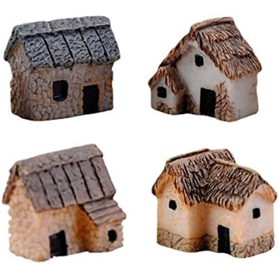 4 Pcs  Village Thumbnail House Thatched Huts Miniature Fairy Garden Stone Houses Miniature Gardening Landscapes Fairy Gardens Stone House for Yard Bonsai Decoration$$Garden & Patio