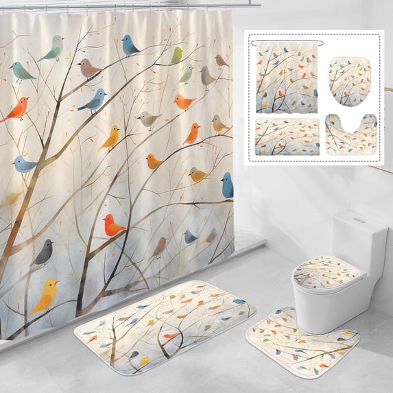 4 Pcs Vintage Bird Tree Shower Curtain Sets with Rugs for Bathroom Decor, Farmhouse Country Bathroom Sets with Shower Curtain and Rugs, Fall Bathroom Curtain Set with Mats (Hooks Not Included)