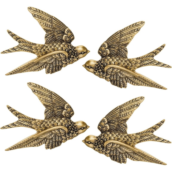 4 Pcs Vintage Bird Wall Sculpture Decor Art Antique 3D Sculpted Hanging Bird Resin Wall Art Golden Brass Floating Ornament for Living Room Garden Outdoor, Gifts for Couples Housewarming