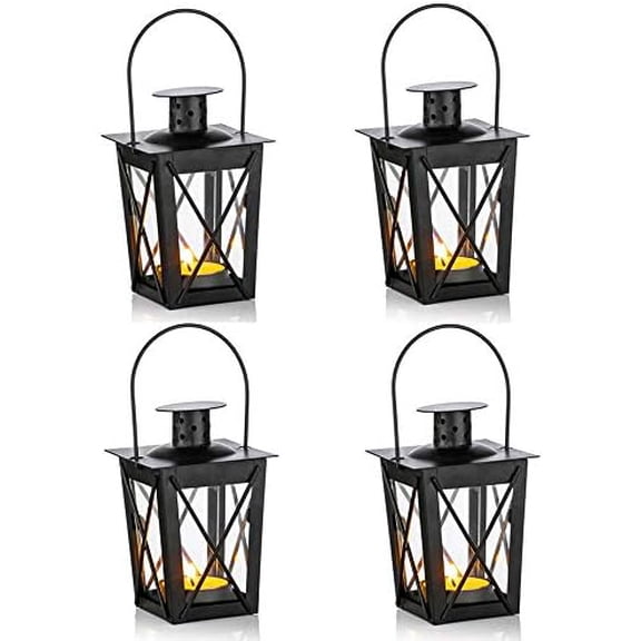 4 Pcs Vintage Black Metal Mini Decorative Candle Lanterns Tealight Candle Holder & Led Tea Light Candleholder Decoration for Birthday Parties Wedding Centerpiece Relaxing Spa Setting (Black, 4 Pcs)