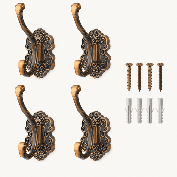 4 Pcs Vintage Coat Hooks Wall Mount, Matte Metal Hat Hooks for Entryway, Cubicle, Mudroom, Bathroom, Heavy Duty Copper Color Decorative Wall Hooks for Towel, Key, Robe, Backpack, Purse, Bag, Clothes