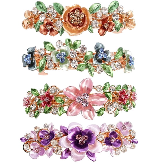 4 Pcs Vintage Flower Hair Barrettes, Metal French Barrettes, Crystal Rhinestones Hair Clips Sparkly Glitter Decorative Hair Clips Retro Metal Spring Hair Pins Snap Bridal Hair Accessories