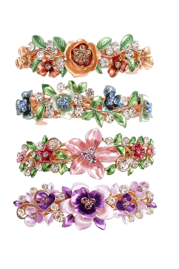4 Pcs Vintage Flower Hair Barrettes, Metal French Barrettes, Crystal Rhinestones Hair Clips Sparkly Glitter Decorative Hair Clips Retro Metal Spring Hair Pins Snap Bridal Hair Accessories