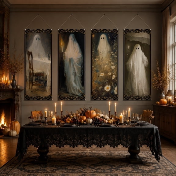 4 Pcs Vintage Halloween Ghost Banner, Halloween Decorations Hanging Banner Ghost Holding A Candle Photo Banner Backdrop for Indoor Outdoor