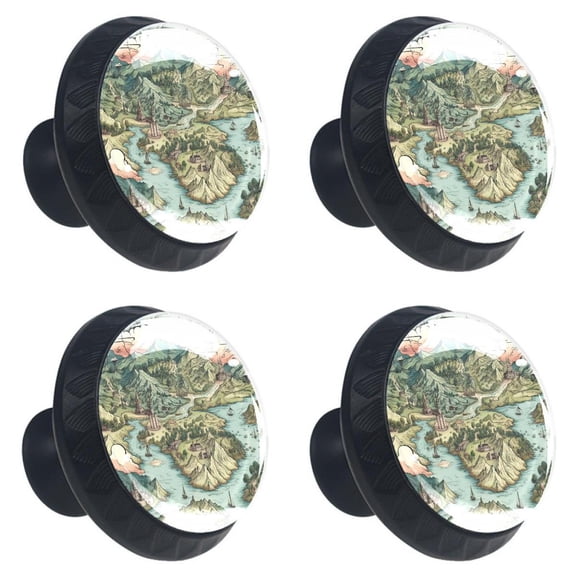 4 Pcs Vintage Map Print Cabinet Knobs 30mm Round Crystal Glass Drawer Handles Pulls with Screws for Kitchen Cupboard Wardrobe Closet Dresser, Home&Office