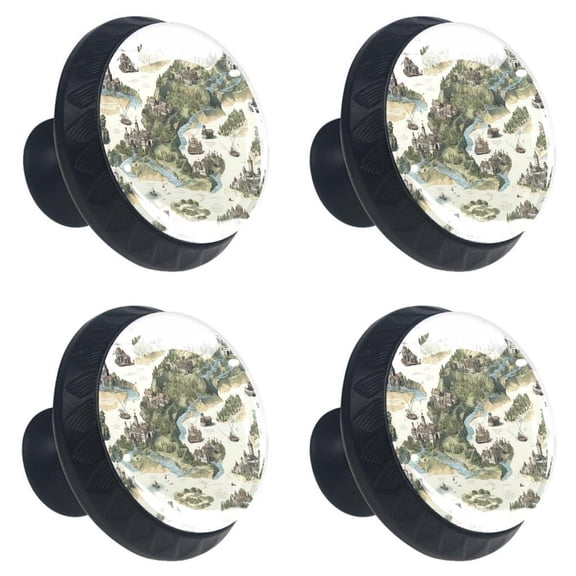 4 Pcs Vintage Map Print Cabinet Knobs 30mm Round Crystal Glass Drawer Handles Pulls with Screws for Kitchen Cupboard Wardrobe Closet Dresser, Home&Office