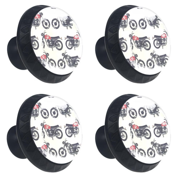 4 Pcs Vintage Motorcycle Print Cabinet Knobs 30mm Round Crystal Glass Drawer Handles Pulls with Screws for Kitchen Cupboard Wardrobe Closet Dresser, Home&Office