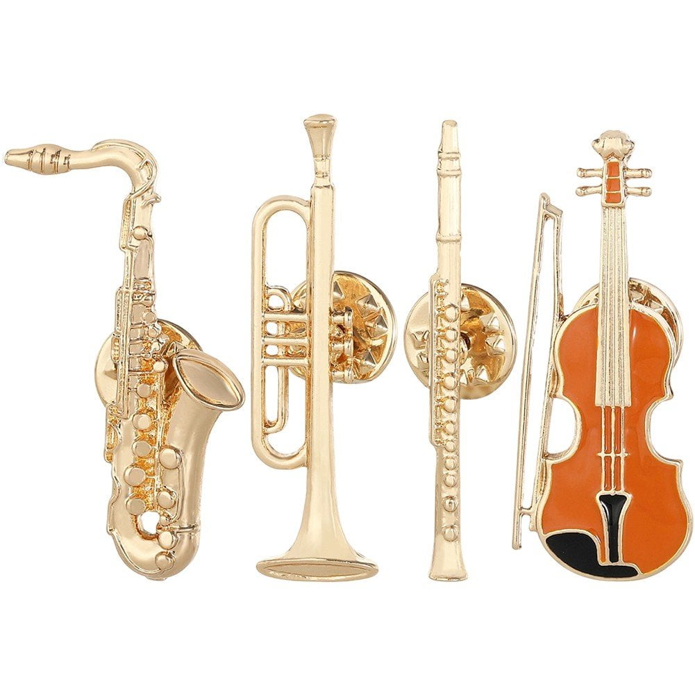 4 Pcs Vintage Musical Instrument Brooches Pins Metal Violin Saxophone ...