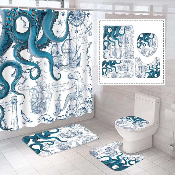 4 Pcs Vintage Nautical Octopus Shower Curtain Set with Rug Retro Coastal Bathroom Sets with Waterproof Shower Curtain and Non Slip Memory Foam Rugs Toilet Lid Cover Bath Mat Decor with Hook